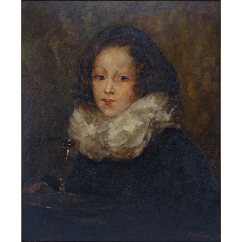 Marie Weger, American/Swiss (1882 - 1980) Oil on board "Boy With Plate"