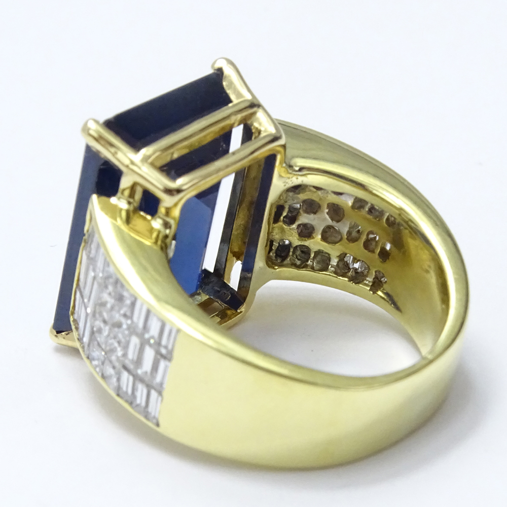 AGL Certified Contemporary  17.25 Carat Emerald Cut Thai Sapphire, Baguette and Square Cut Diamond and 18 Karat Yellow Gold Ring