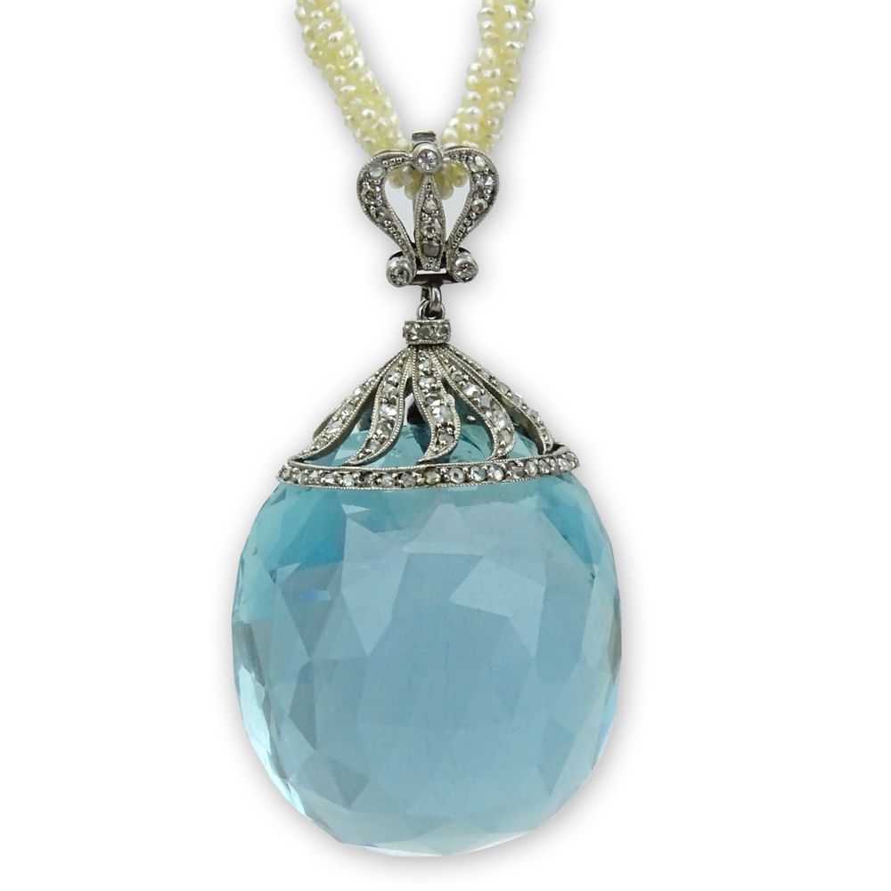  200.0 Carat Ocean Blue Aquamarine, Rose Cut Diamond and Platinum Sautoir Pendant with Twisted Multi Strand Natural Pearl Necklace. 