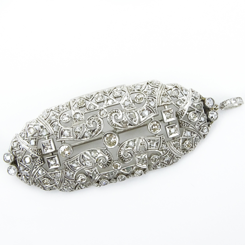 4.0 Carat Old European Cut Diamond, Platinum and 18 Karat White Gold Brooch / Pendant. Diamonds 