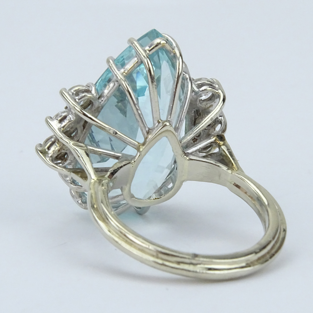 Vintage Pear Shape Aquamarine, Round Brilliant Cut Diamond and 14 Karat White Gold Ring