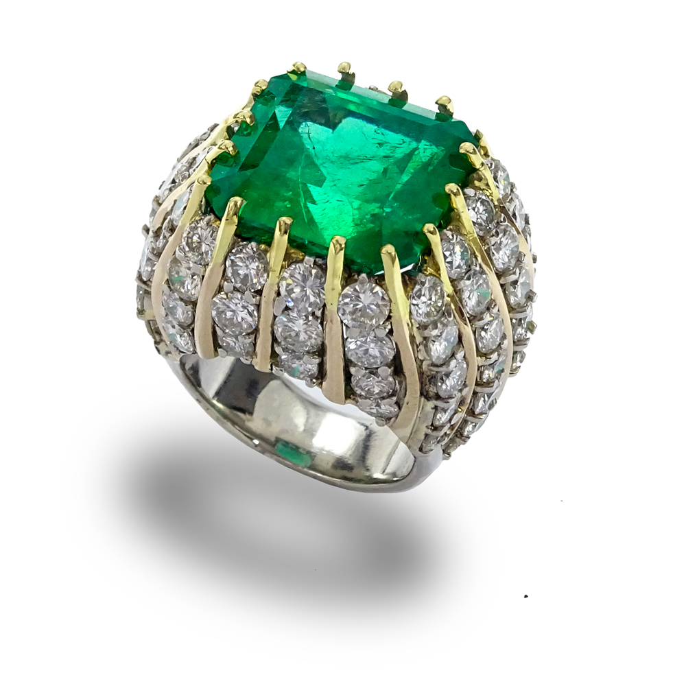 18.75 Carat Square Cut Colombian Emerald, 10.0 Carat Round Brilliant Cut Diamond and 18 Karat White and Yellow Gold Bon Bon Ring.