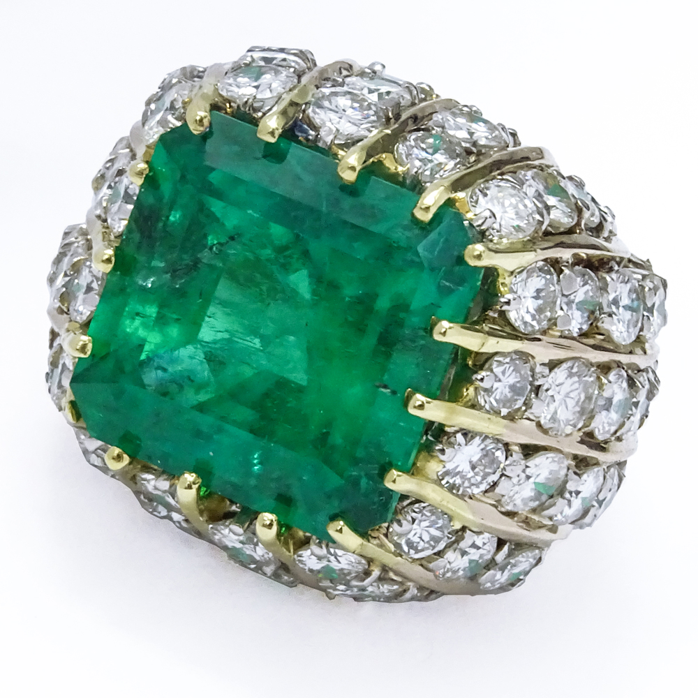 18.75 Carat Square Cut Colombian Emerald, 10.0 Carat Round Brilliant Cut Diamond and 18 Karat White and Yellow Gold Bon Bon Ring.