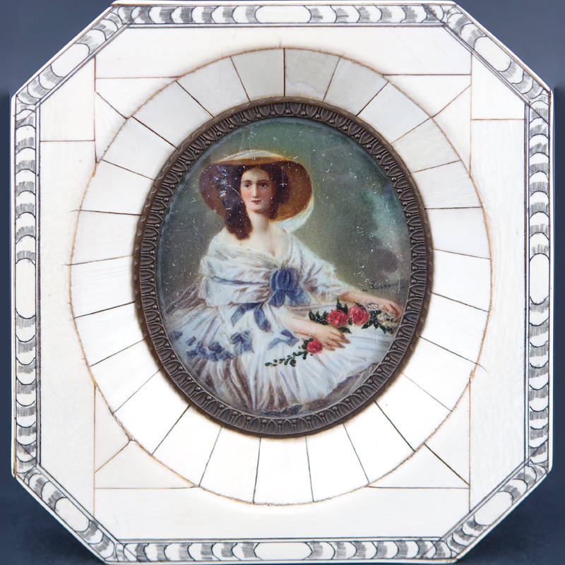 19th Century Victorian Miniature Portrait Painted on Ivory and in Ivory Frame