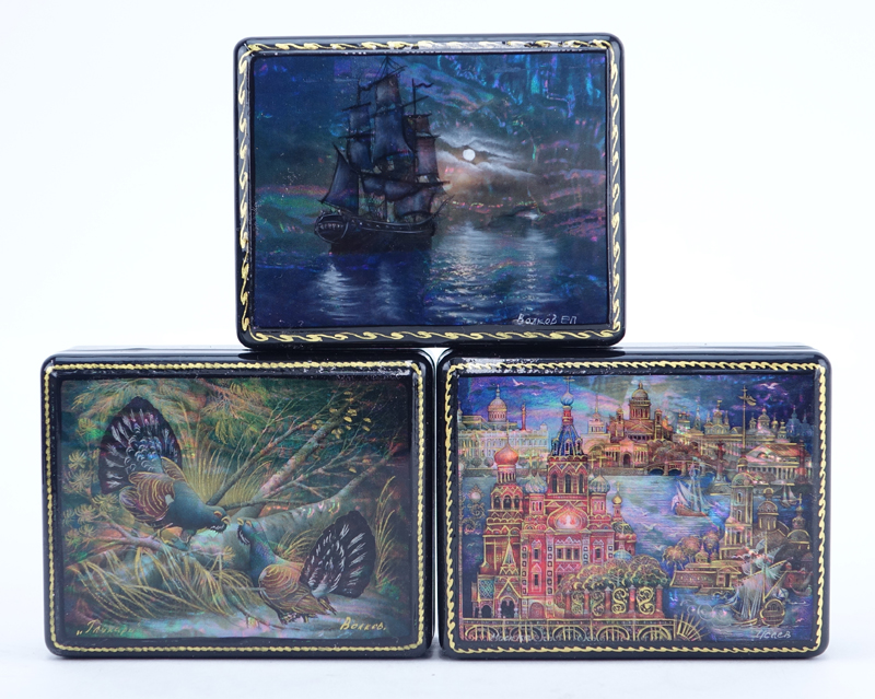 Collection of Three (3) Russian Mother Of Pearl and Lacquer Boxes