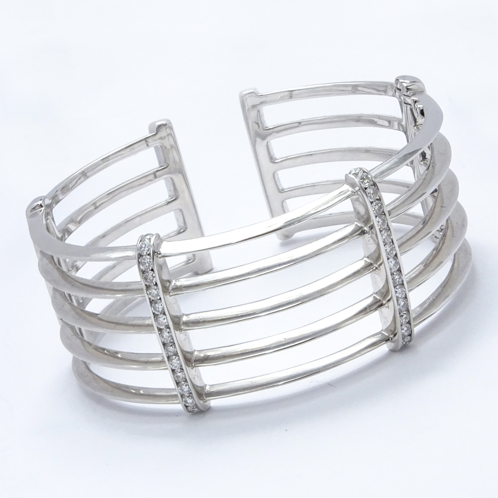 1.50 Carat Round Brilliant Cut Diamond and 18 Karat White Gold Hinged Cuff Bangle Bracelet.