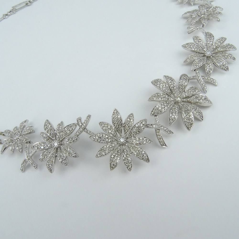 6.50 Carat Pave Set Round Brilliant Cut Diamond and 18 Karat White Gold Flower Necklace.