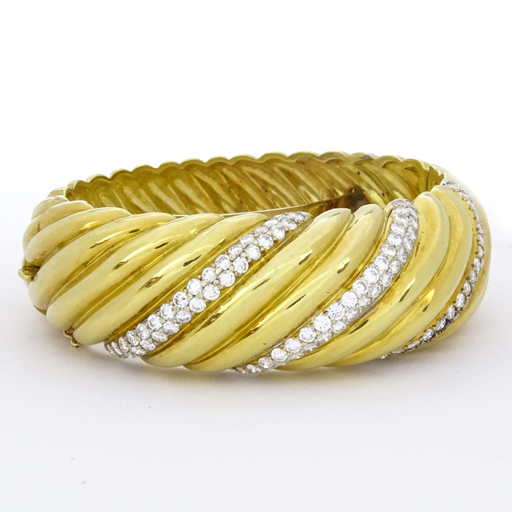 7.50 Carat Pave Set Round Brilliant Cut Diamond and Heavy 18 Karat Yellow Gold Hinged Cuff Bangle Bracelet.