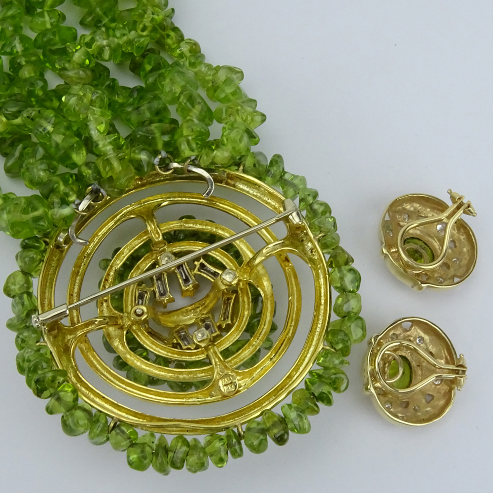 Vintage Peridot, Diamond and Gold Suite Including: Multi Strand Peridot Bead Necklace with 18 Karat Yellow Gold and Diamond Pendant / Brooch and Pair of Oval Cut Peridot, Diamond and 14 Karat Yellow Gold Ear clips