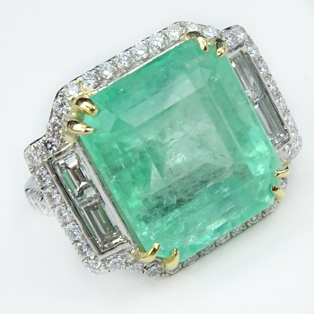 16.27 Carat Colombian Light Green Emerald, Diamond and Platinum Ring. 