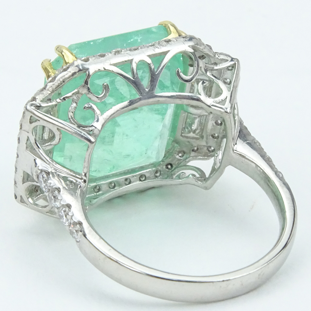 16.27 Carat Colombian Light Green Emerald, Diamond and Platinum Ring. 