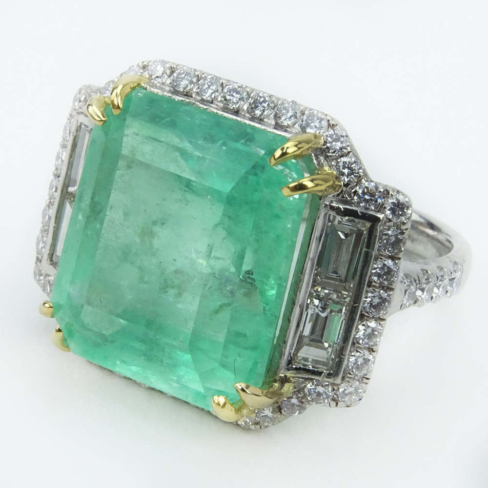 16.27 Carat Colombian Light Green Emerald, Diamond and Platinum Ring. 