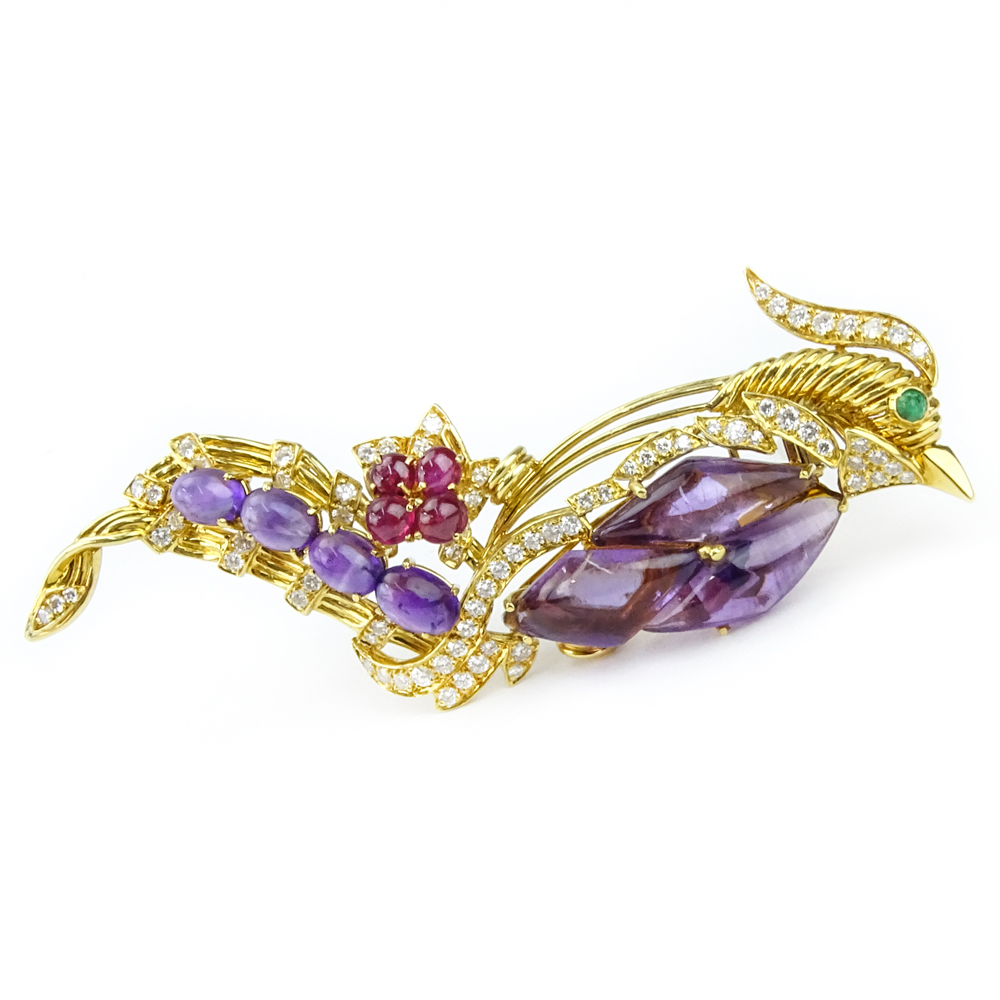 Vintage Large Garavelli Diamond, Amethyst, Ruby, Emerald and 18 Karat Yellow Gold Bird Brooch