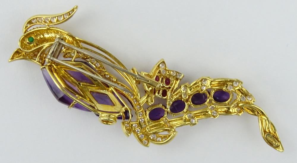 Vintage Large Garavelli Diamond, Amethyst, Ruby, Emerald and 18 Karat Yellow Gold Bird Brooch