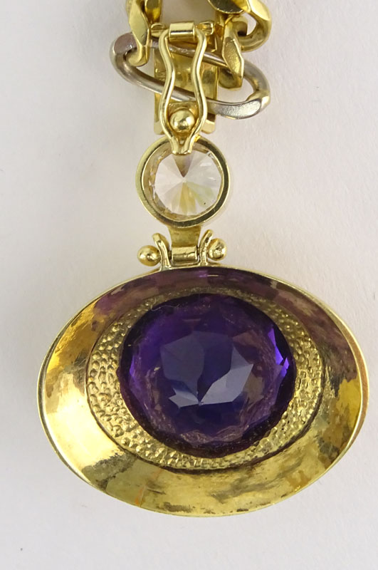 Large Round Cut Amethyst, CZ and 18 Karat Yellow Gold Pendant Necklace