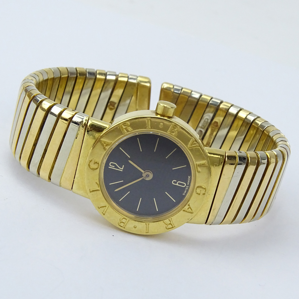 Lady's Vintage Bulgari Tubogas 18 Karat Yellow and White Gold Flexible Cuff Bangle Bracelet Watch with Quartz Movement