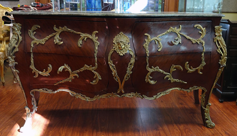 Large Louis XV Style Gilt Bronze Mounted Marble Top Commode