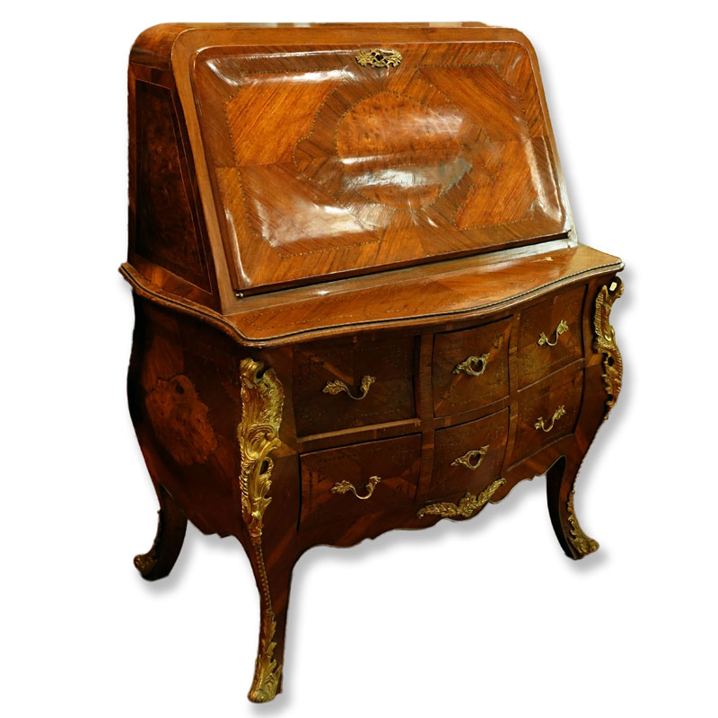 Louis XVI Style Gilt Bronze Mounted, Burlwood and Marquetry Inlaid Drop Front Secretaire Desk