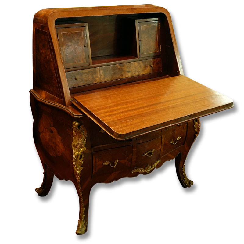 Louis XVI Style Gilt Bronze Mounted, Burlwood and Marquetry Inlaid Drop Front Secretaire Desk