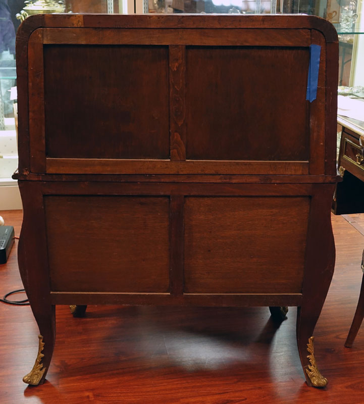 Louis XVI Style Gilt Bronze Mounted, Burlwood and Marquetry Inlaid Drop Front Secretaire Desk