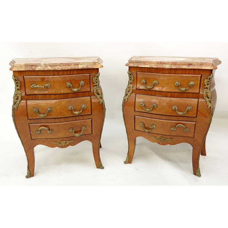 Pair of Louis XV Style Gilt Bronze Mounted Marble Top End Tables / Nightstands