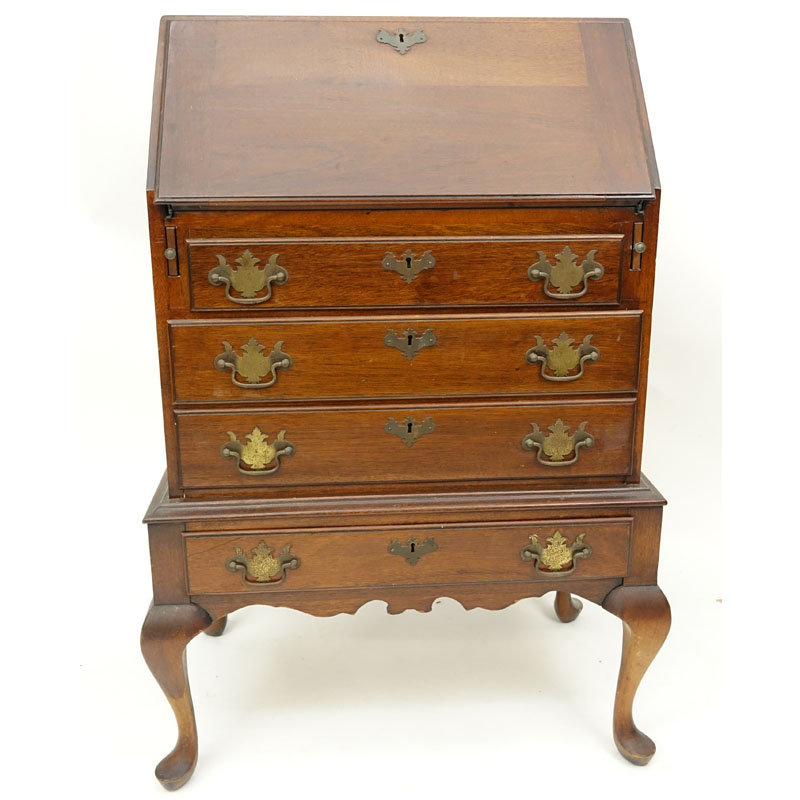 Queen Anne Style Cherry Wood Slant Top Desk with Brass Hardware