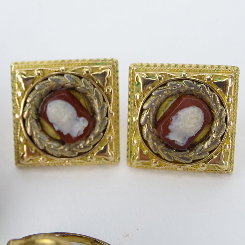 Vintage to Antique Jewelry Lot Including a 14K Yellow Gold and Cameo Ring, Pair of 14K Yellow Gold and Cameo Earrings, Pair of Carved Intaglio Carnelian and Silver Earrings and a Carved Shell and Silver Cameo Brooch