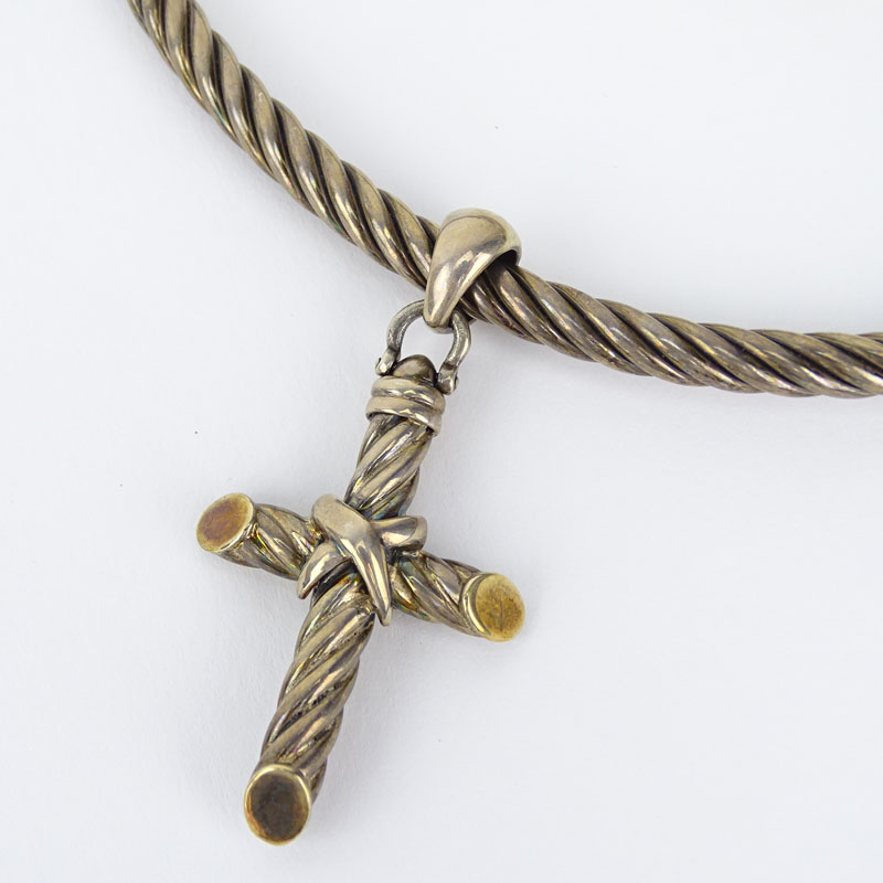 Vintage Alisa Italian Sterling Silver and 18 Karat Yellow Gold Choker Necklace with Cross Pendant together with Three (3) Sterling Silver Bangle Bracelets