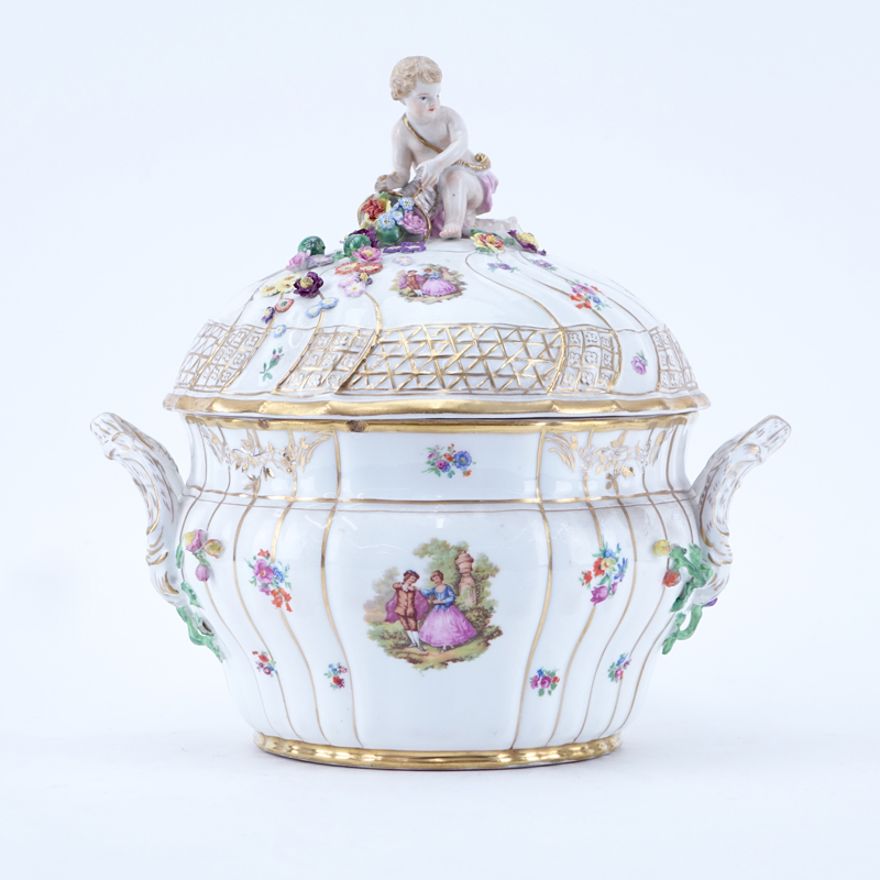 19th Century KPM Hand Painted Porcelain Covered Tureen with Putti Finial