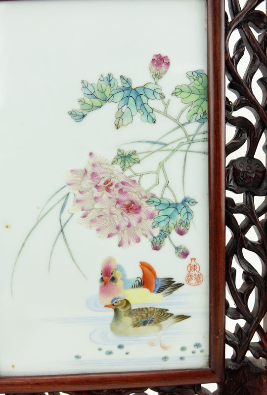 19/20th Century Chinese Hand Painted Porcelain Plaque Mounted in Carved Hardwood Frame As Table Screen