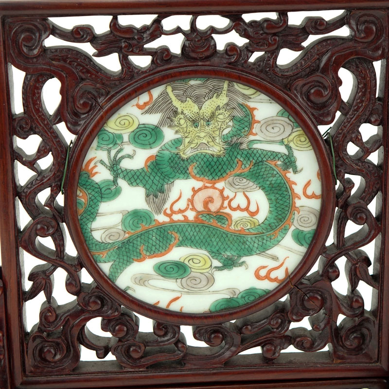 19/20th Century Chinese Hand painted Porcelain Plaque Mounted In Carved Hardwood Frame As Table Screen