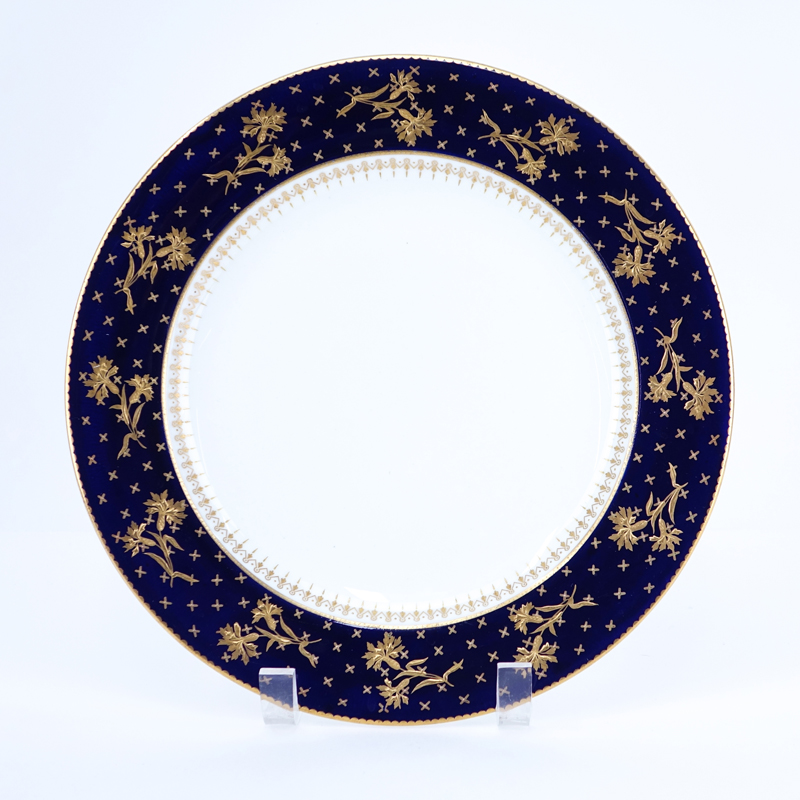 Eleven (11) Brownfields For Tiffany Cobalt and Gold Rimmed Porcelain Plates