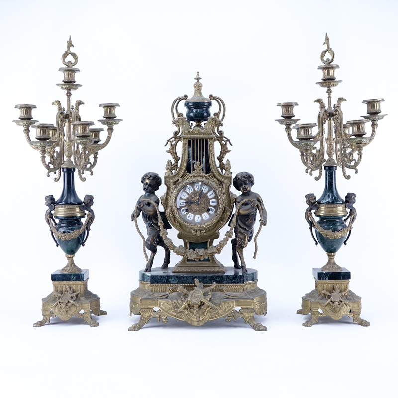 19/20th Century Empire Style Gilt Bronze and Marble Figural Mantle Clock and Candelabra Set