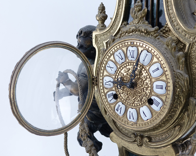 19/20th Century Empire Style Gilt Bronze and Marble Figural Mantle Clock and Candelabra Set