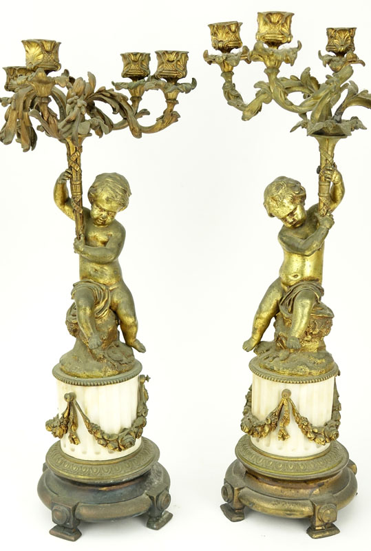 Pair of Louis XVI Style Gilt Base and Marble Candelabra