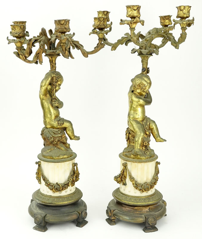 Pair of Louis XVI Style Gilt Base and Marble Candelabra