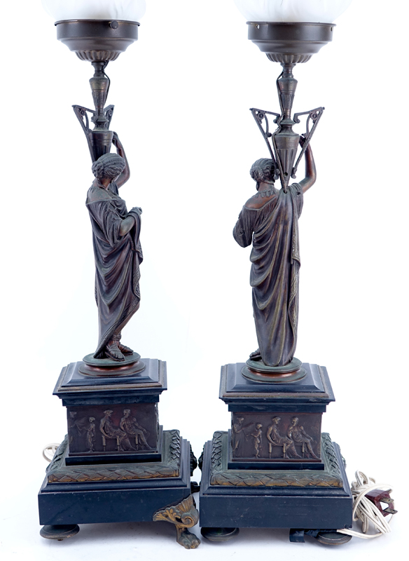 Pair of 19/20th Century Neoclassical Style Figural Lamps with Frosted Glass Shades