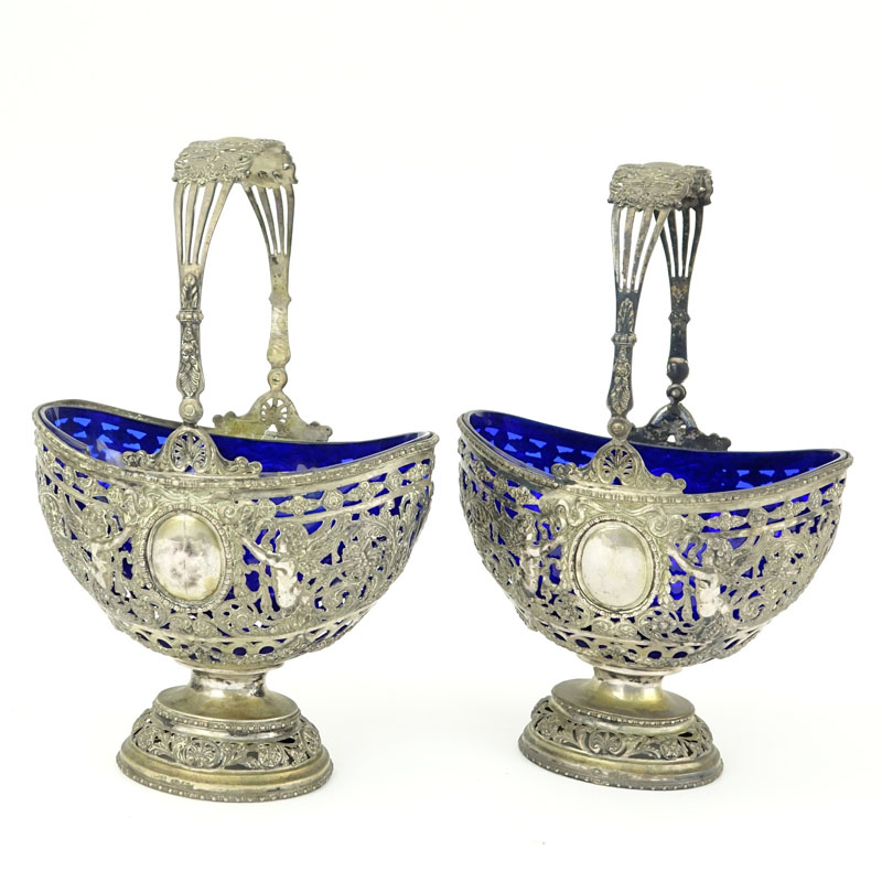 Pair of Antique Continental Silver and Cobalt Glass Footed Bonbon Baskets