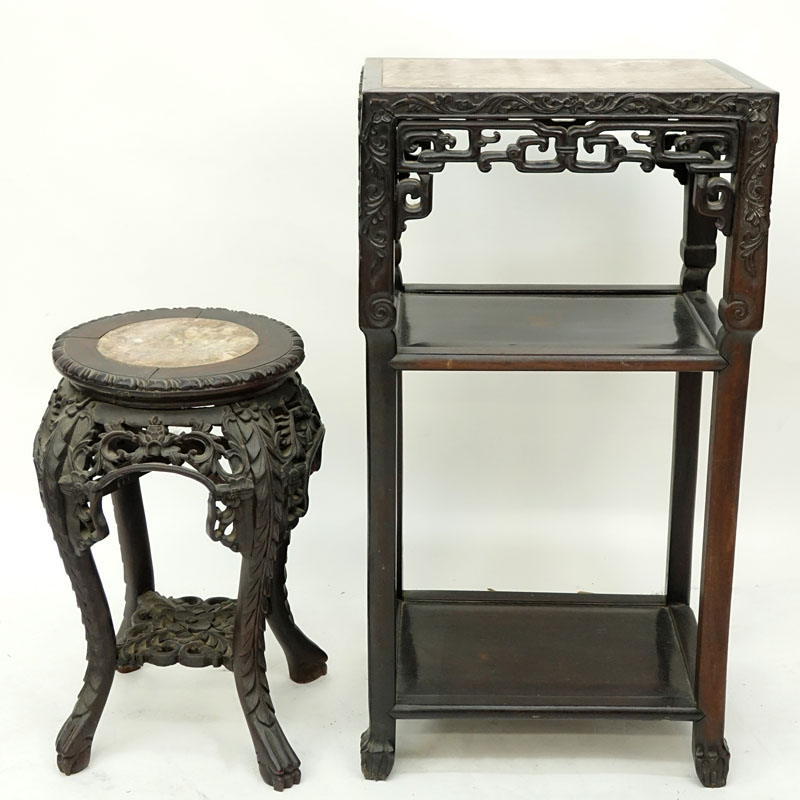 Two (2) Chinese Carved Rosewood and Marble Top Stands