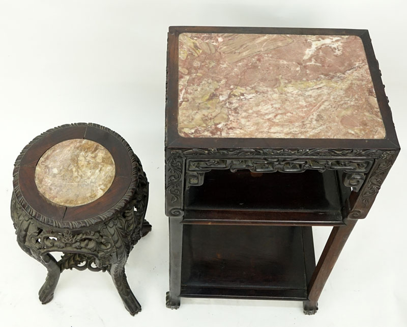 Two (2) Chinese Carved Rosewood and Marble Top Stands