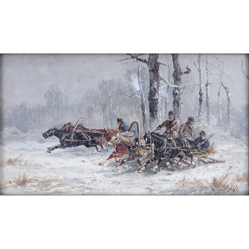 Jan Wolski, Polish (1907 - 1990) Oil on Board, Hunters with Troikas in Wintry Scene, Signed Lower Right