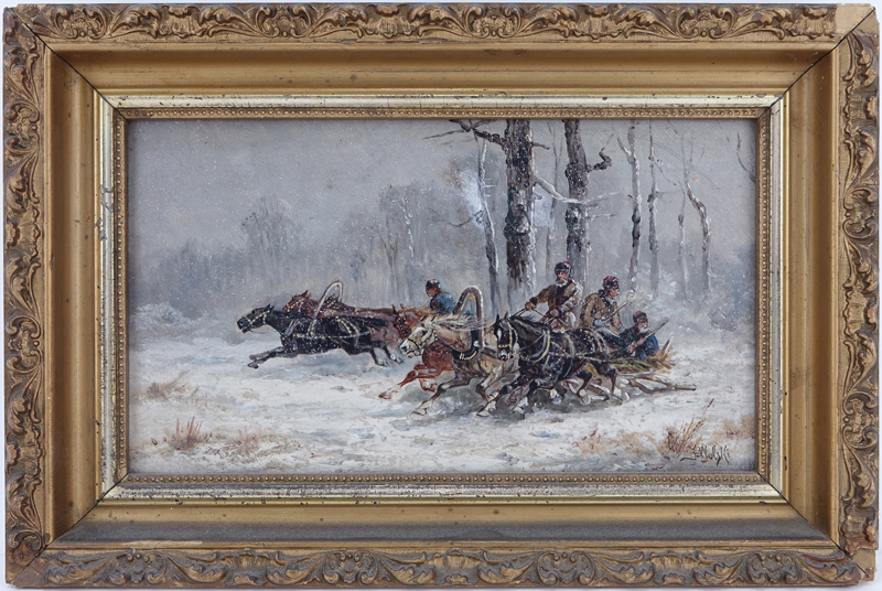 Jan Wolski, Polish (1907 - 1990) Oil on Board, Hunters with Troikas in Wintry Scene, Signed Lower Right