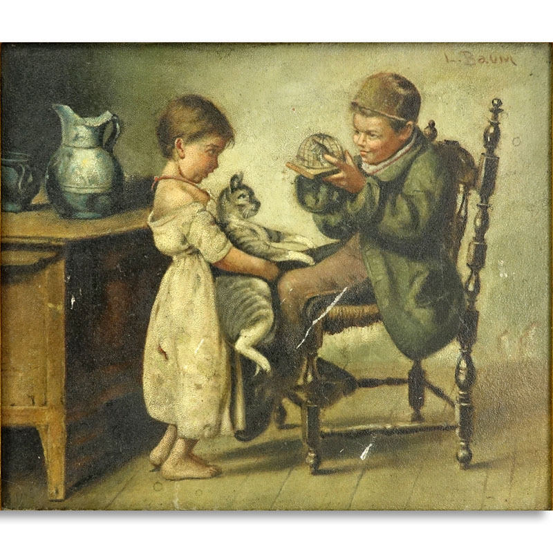 19/20th Century Oil of Board, Interior Scene with Children with Animal, Signed L