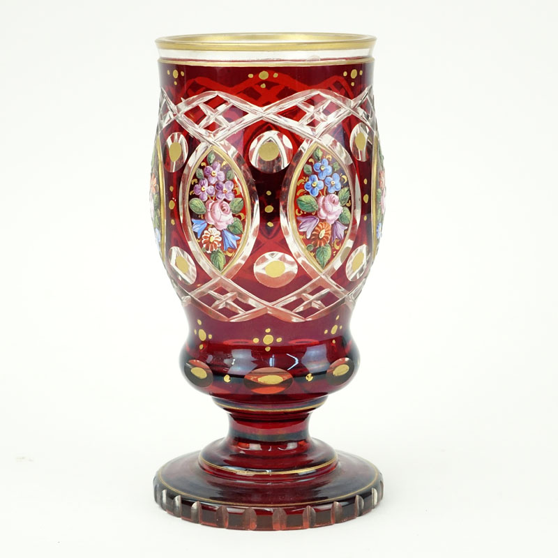 Antique Bohemian Cranberry to Clear and Hand painted Floral Vase