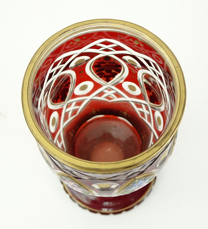 Antique Bohemian Cranberry to Clear and Hand painted Floral Vase