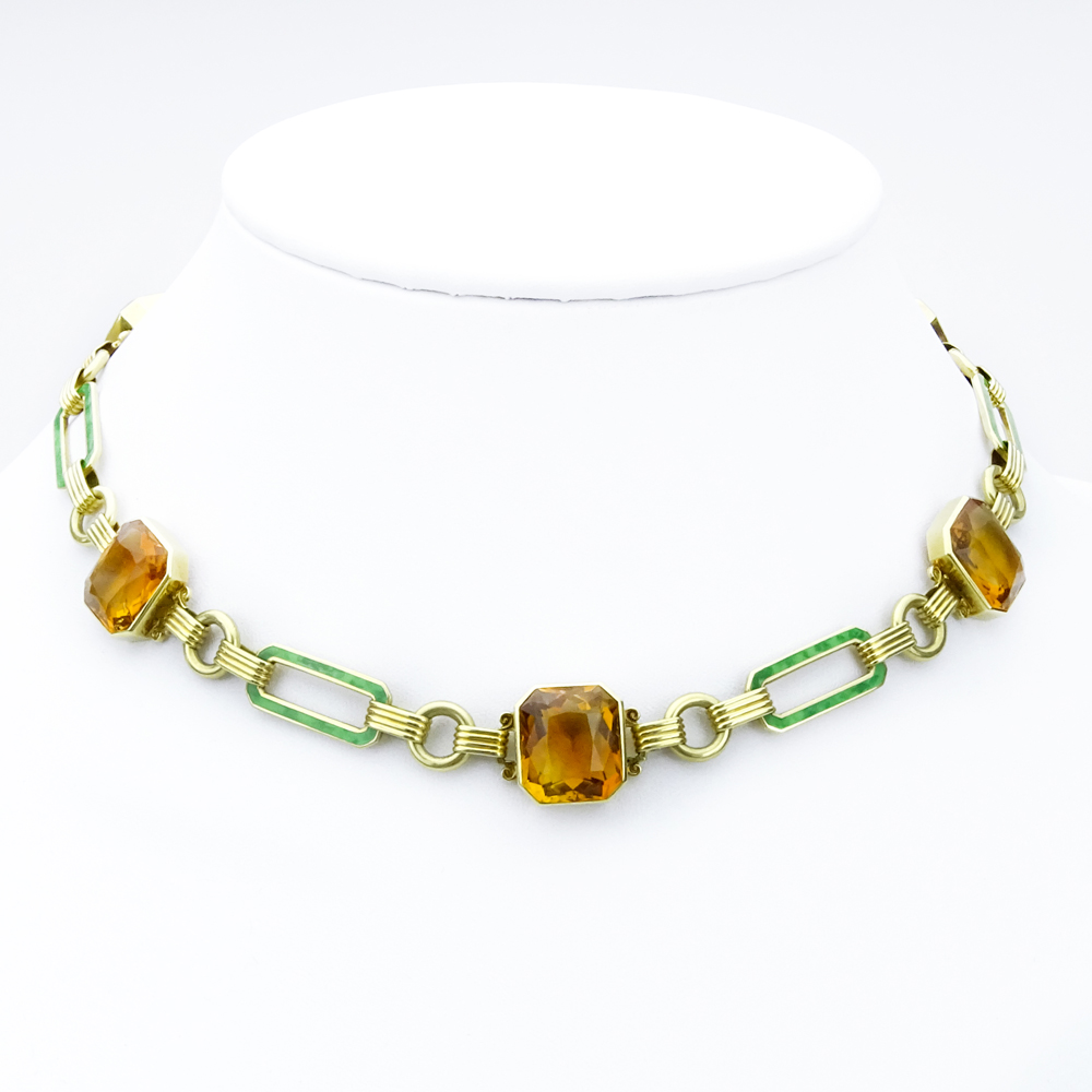 Vintage Five (5) Citrine, Enamel and 14 Karat Yellow Gold Necklace