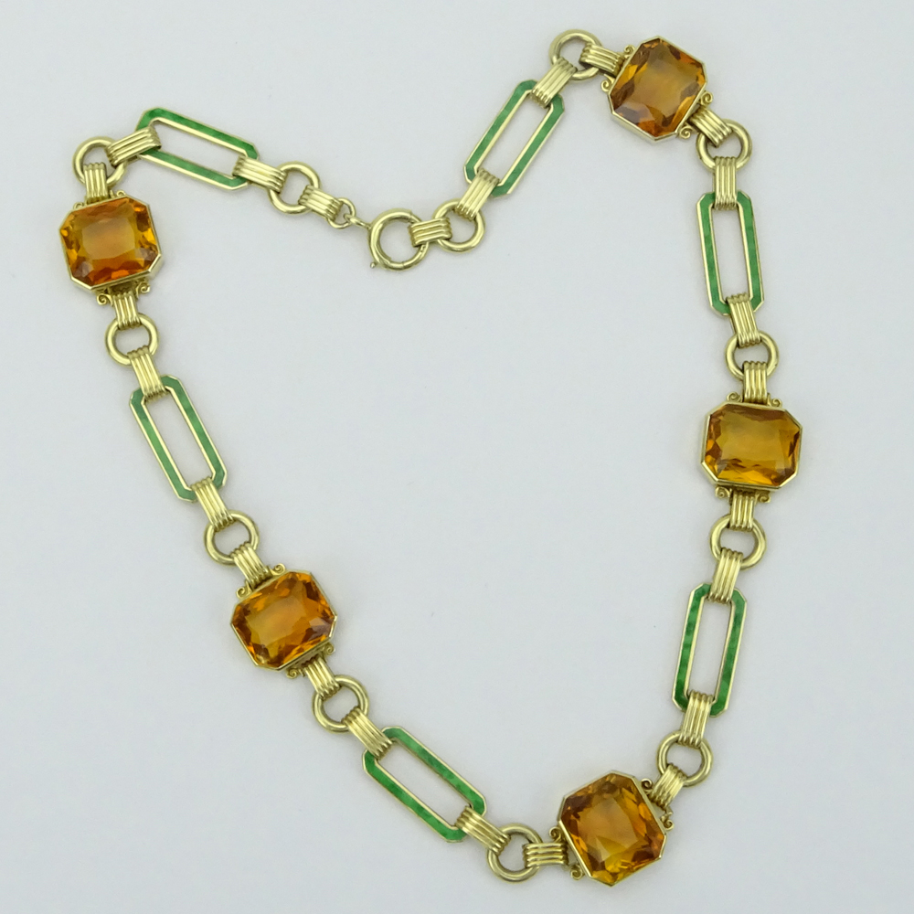 Vintage Five (5) Citrine, Enamel and 14 Karat Yellow Gold Necklace