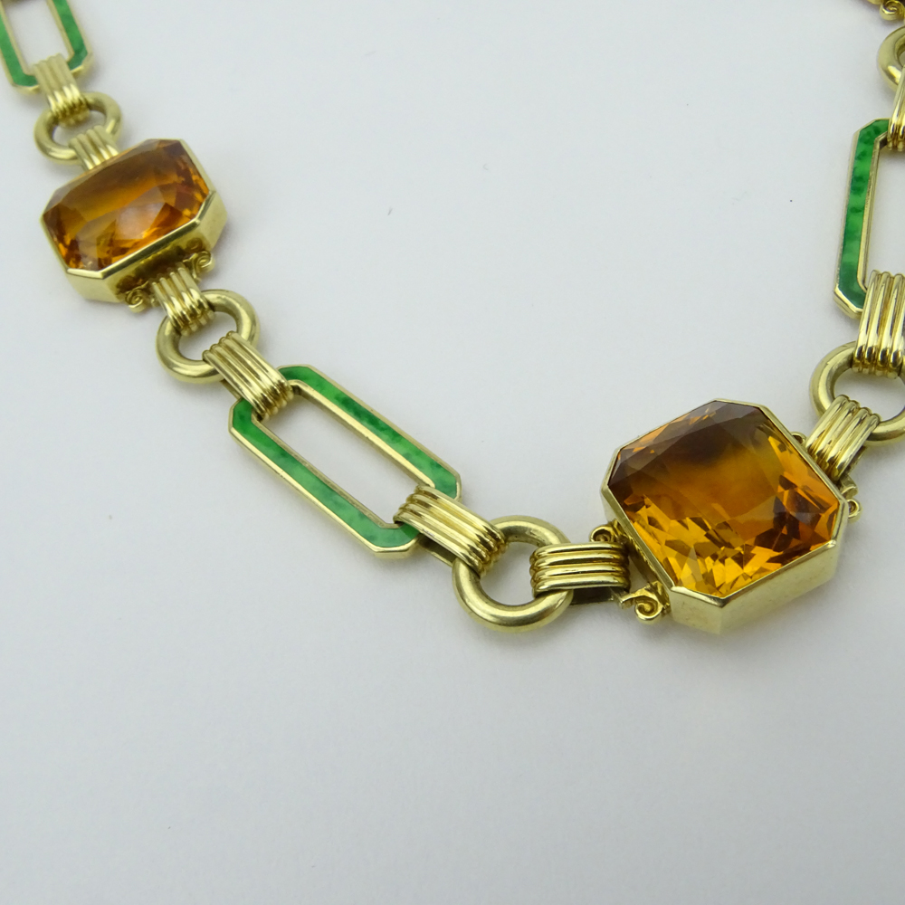 Vintage Five (5) Citrine, Enamel and 14 Karat Yellow Gold Necklace