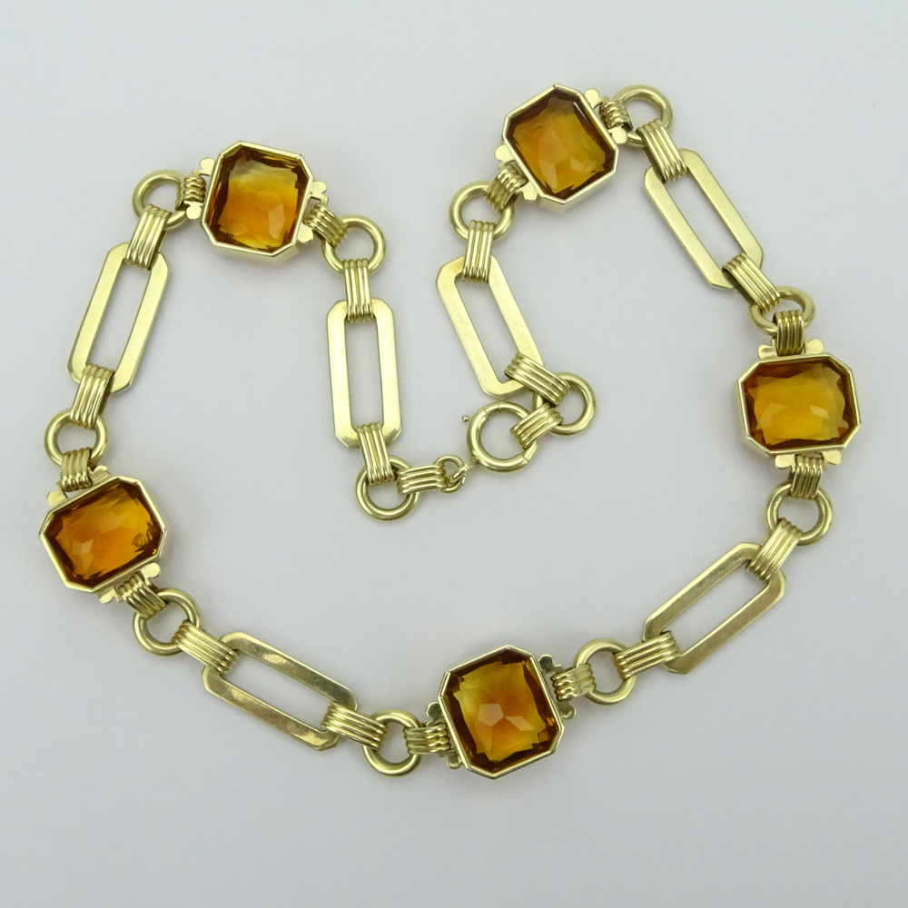 Vintage Five (5) Citrine, Enamel and 14 Karat Yellow Gold Necklace