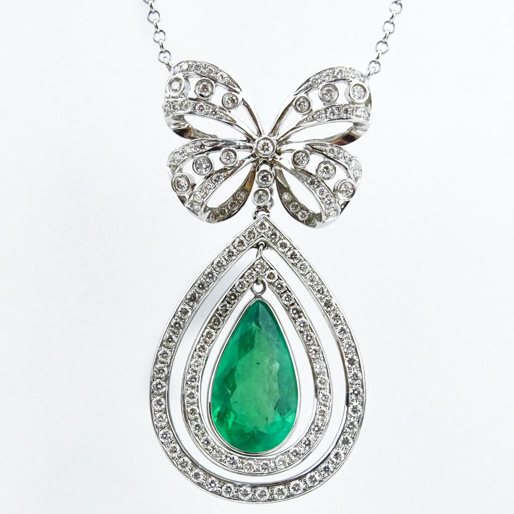 9.02 Carat Colombian Pear Shape Emerald, 4.20 Carat Round Brilliant Cut Diamond and 18 Karat White Gold Pendant Necklace.